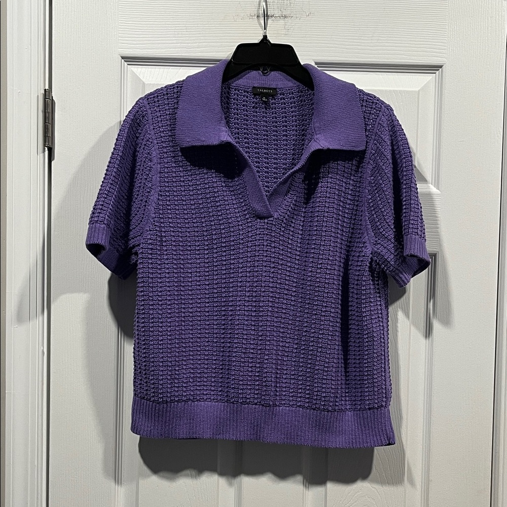Talbots Women’s Pointelle Stitch Polo Purple Textured Open Knit Crochet Sweater